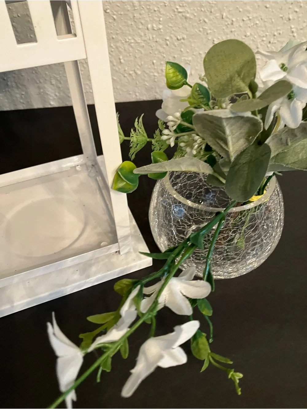 White Decorative Lantern with Faux Floral Arrangement